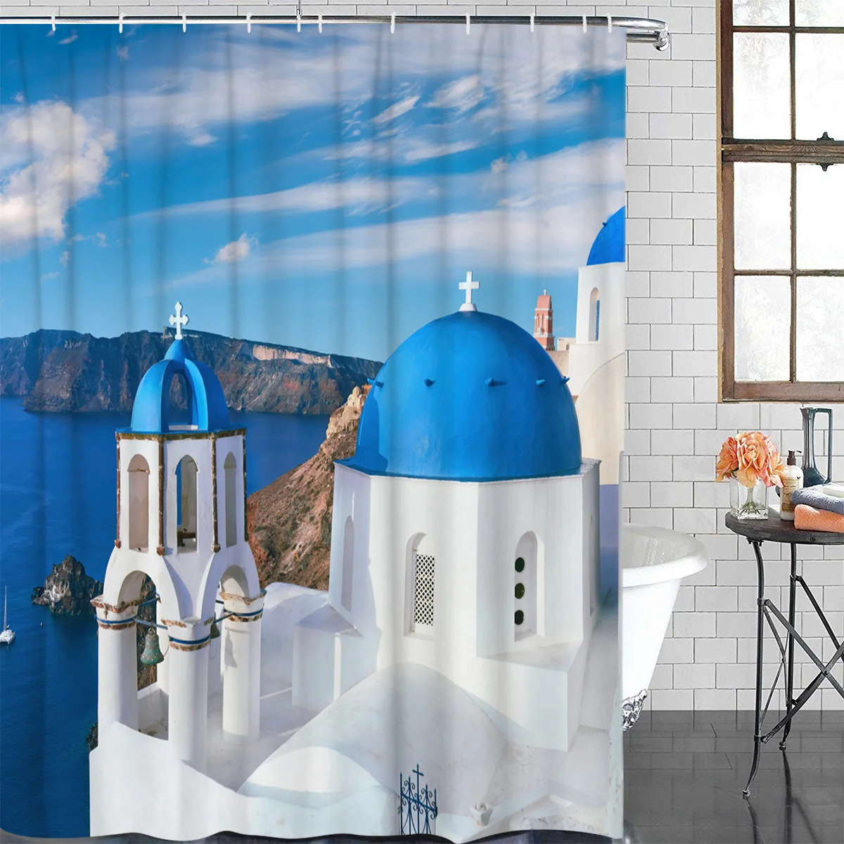 Greece Santorini Blue Roof Church Waterproof Bathroom Decoration Shower Curtain Printed Bathtub Curtains Bathroom Accessories