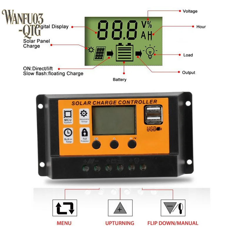 Hot LCD Solar Controller 12V/24V 30A 20A 10A Solar Charge Regulator PWM Battery Charger LCD Display Dual USB 5V 2.5A Output MOS