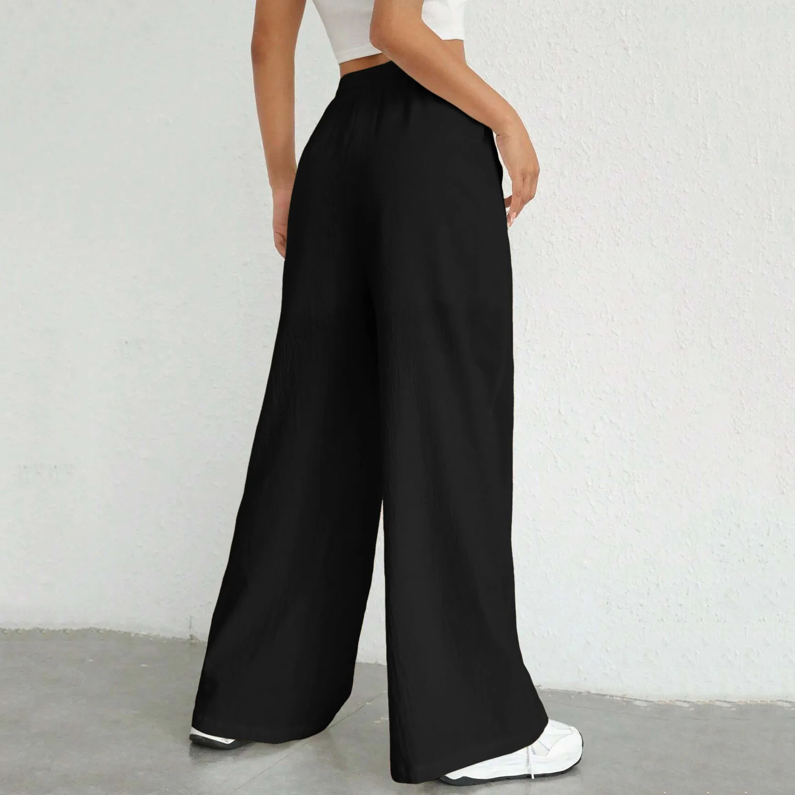 Calça apertada de cintura larga para mulheres, monocromática, cânhamo de algodão, solta, casual esportiva, elegante moda, calça toda reta