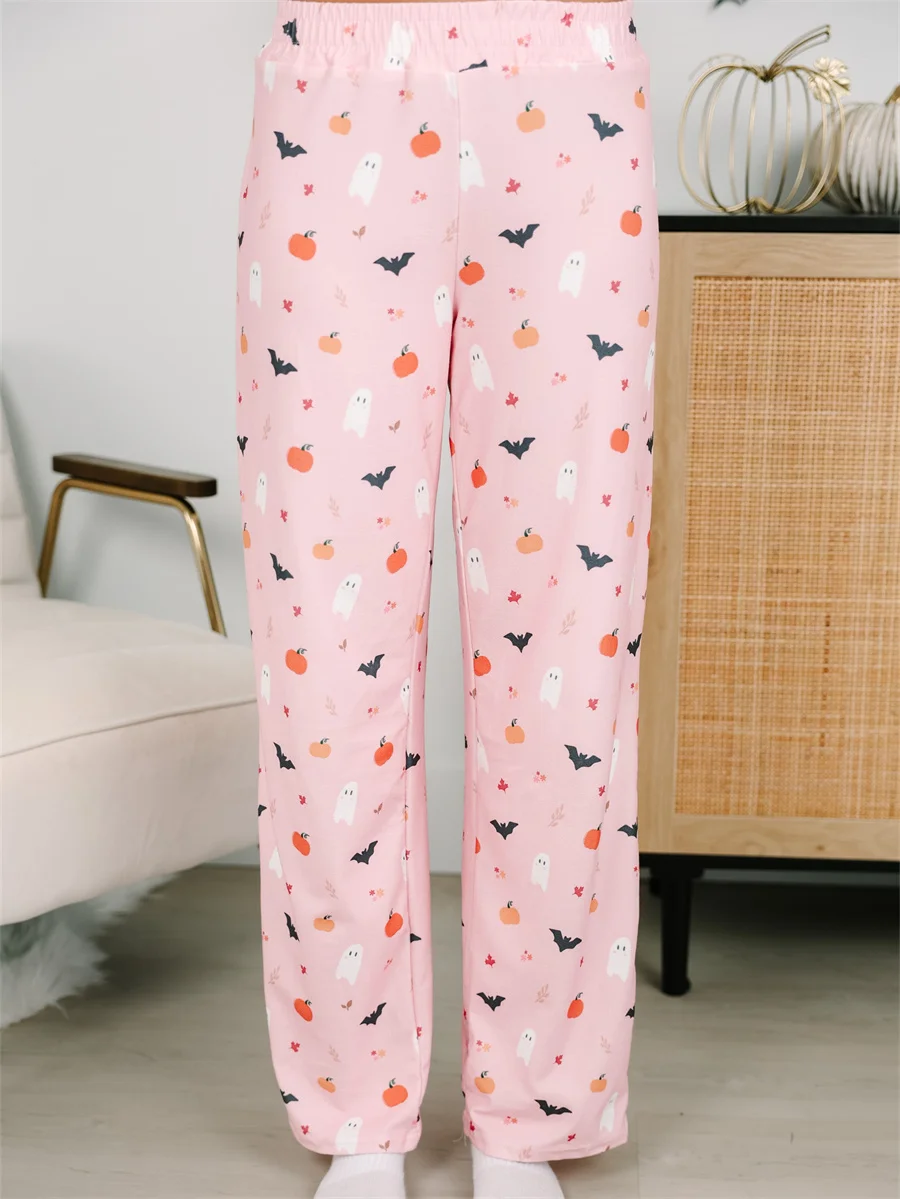 Halloween Pajamas Women Ghosts And Pumpkins Print Sleepwear Long Sleeve 2 Pieces Aesthetic Preppy Pajama Sets Loungewear