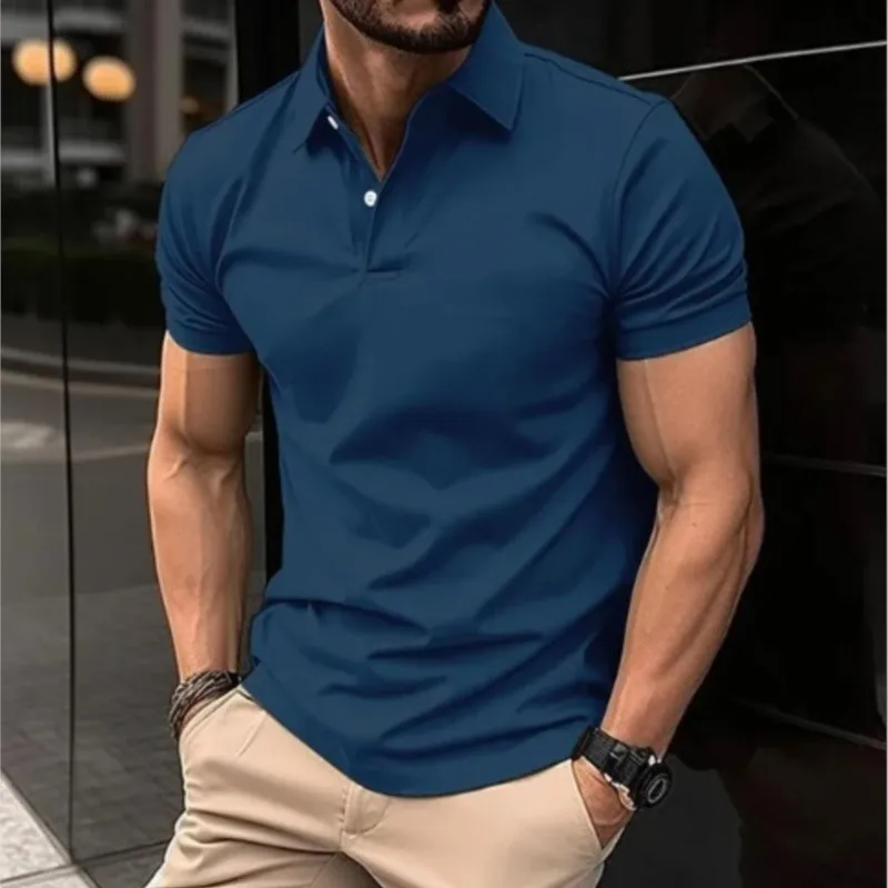 2024 New Men\'s Summer Casual Solid Color Button Short Sleeved T-shirt Polo Shirt With Purple Loose Collar Daily Versatile Shirt