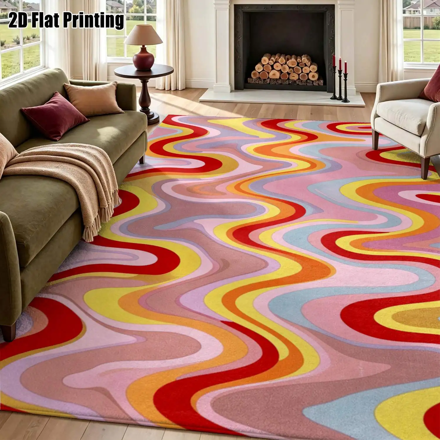 1Pc 2D Printed Colorful Wave Abstract Nordic/Instagram Style Carpets, Modern Minimalist Geometric Striped Floor Mats for Home Decor, Multi-Size, Machine Washable, Suitable for Entrance/Dining/Foyer/Bedroom/Living Room