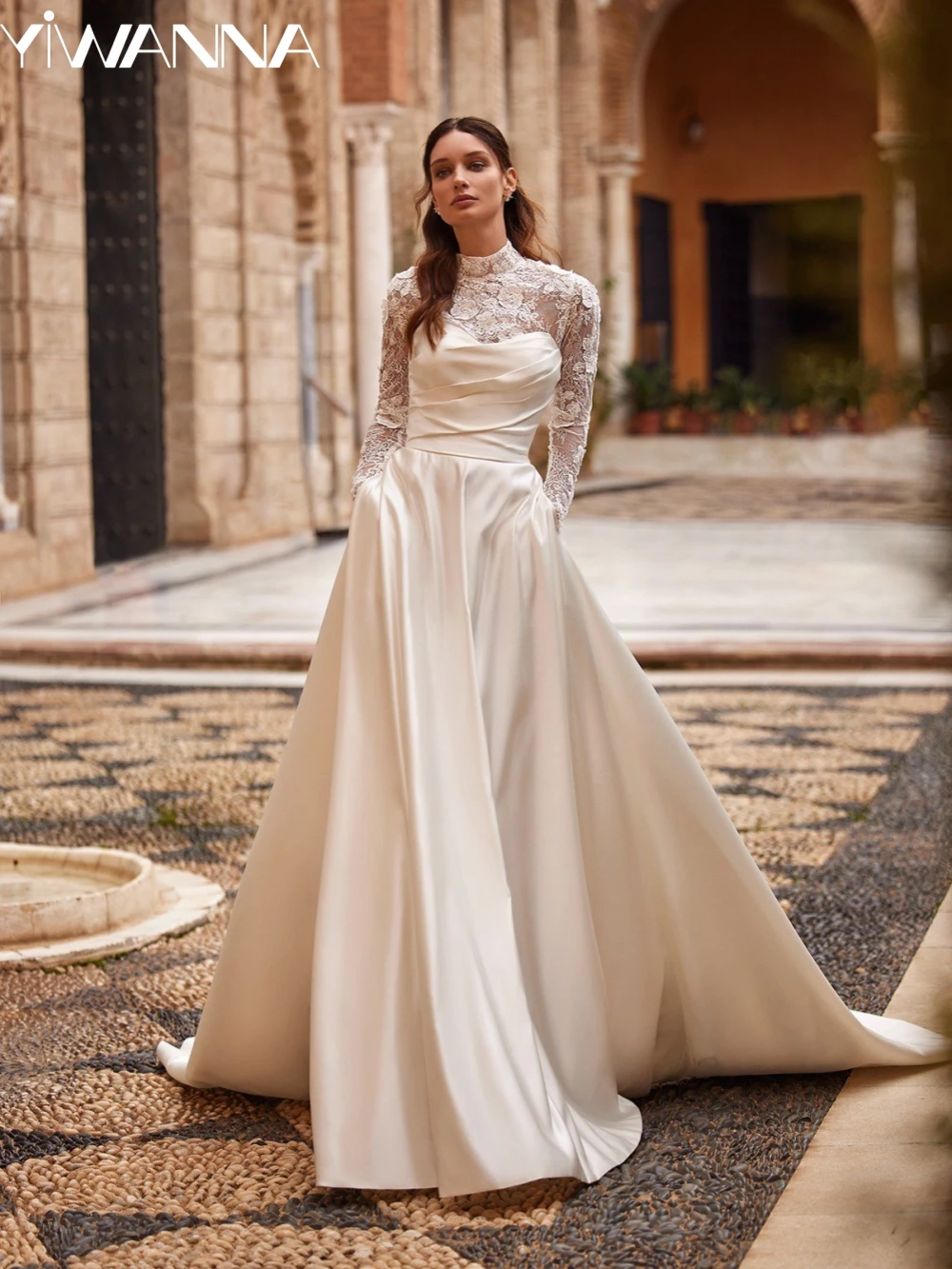 Modest High Collar Wedding Dress Sparkly Sequins Beads Bride Robe Graceful A-line Long Bridal Gown Customized Robe De Mariée