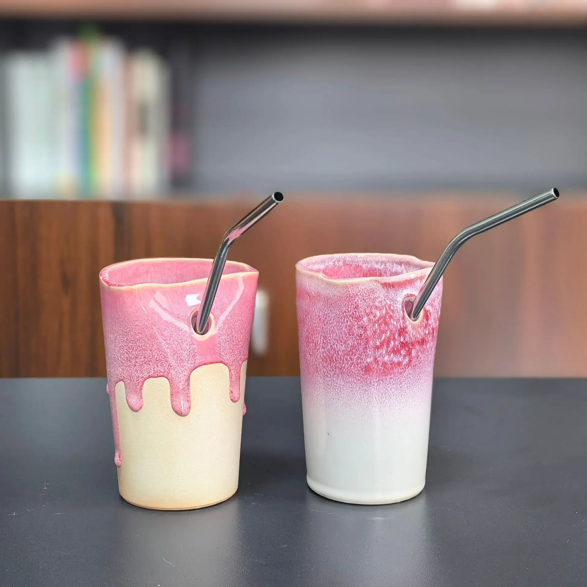 Irregular Shaped Glazed Ceramic Cups with Straw Holes Creative Ceramic Mugs Household Daily Cold Drink Cups Drinkware Mugs