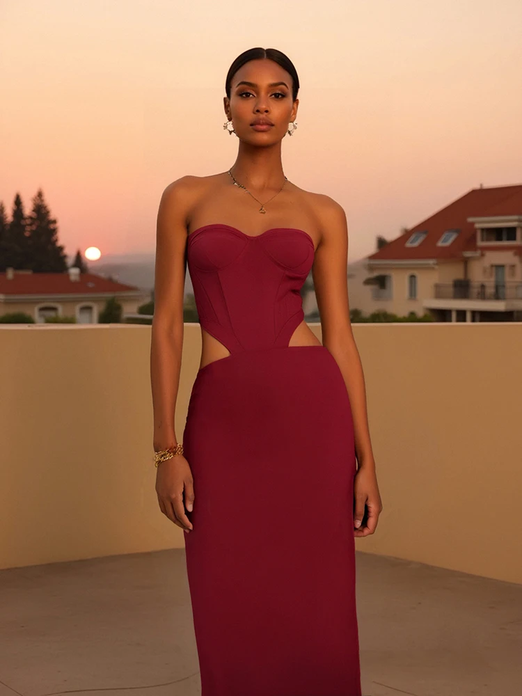 Abito sexy con fasciatura scavata senza spalline Abito da donna rosso vino senza maniche con cut-out senza schienale Abiti aderenti Abiti da festa per celebrità