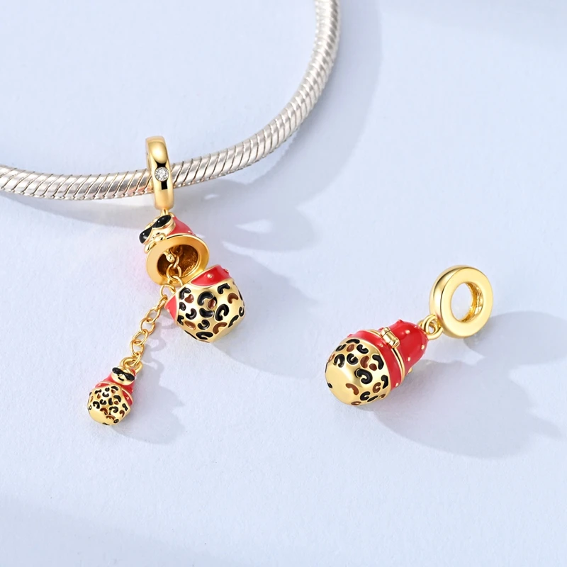 925 Sterling Silver Pendant Charm For Woman Jewelry Fit Bracelet Necklace Making Golden Openable Leopard Print Nesting Doll