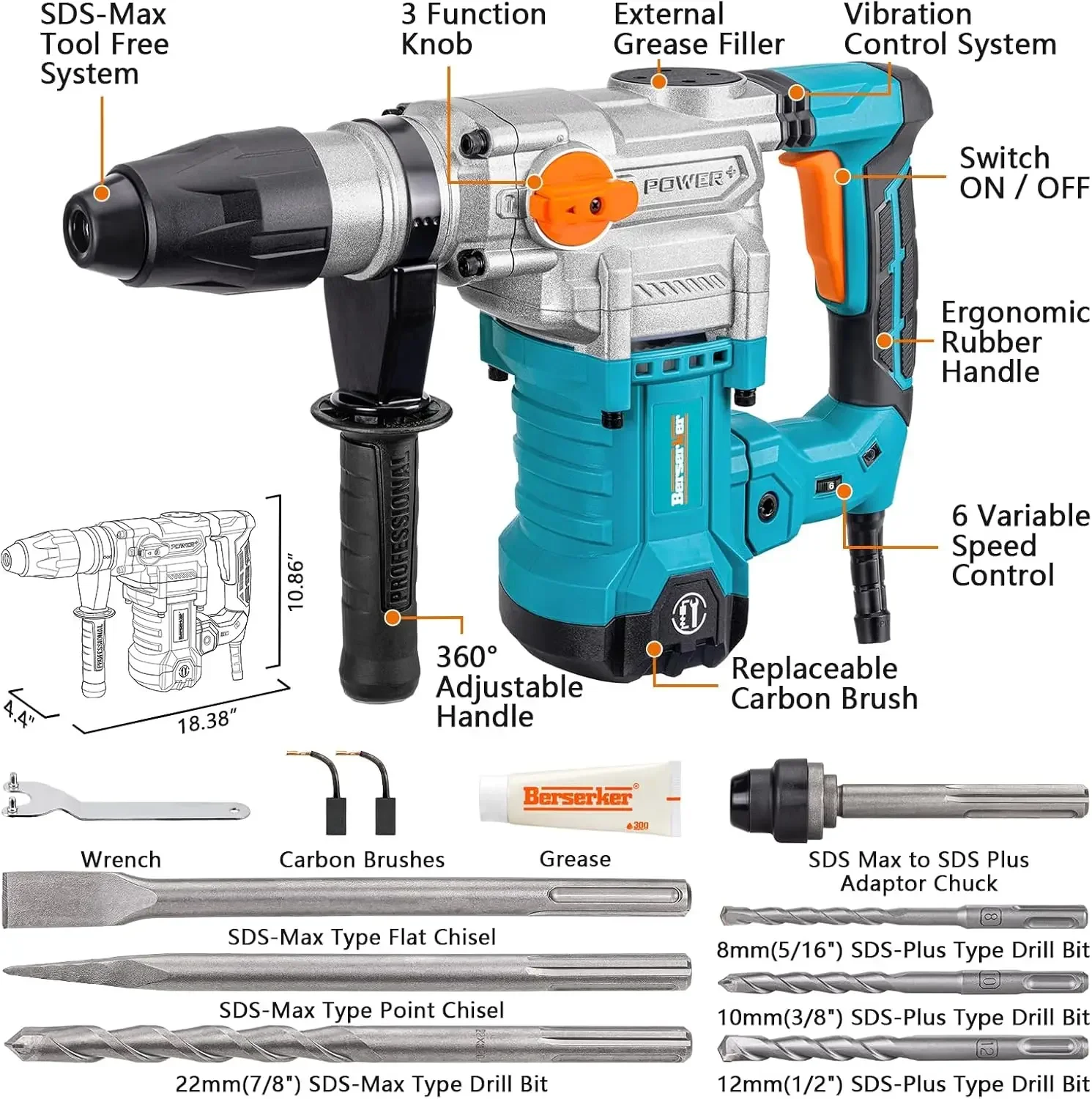 Duty Rotary Hammer Drill with Vibration Control,Safety Clutch,13 Amp 3 Functions Demolition Rotomartillo for Concrete-Including