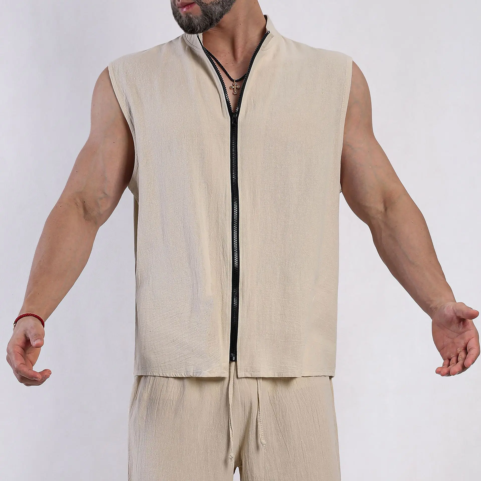 

Мужской жилет без рукавов из хлопка и льна с воротником-стойкой и молнией, тонкая и дышащая летняя куртка