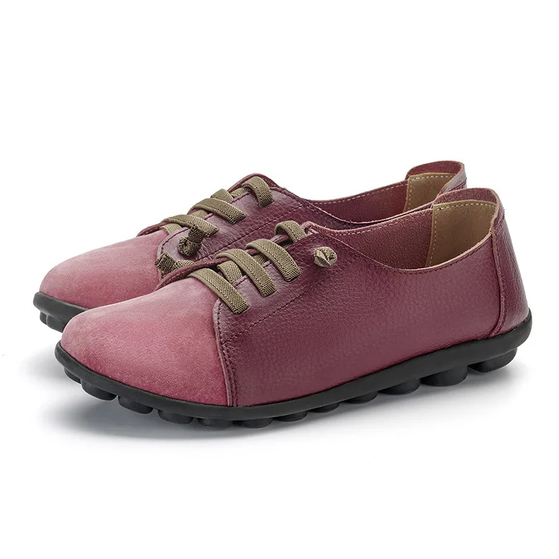 Mocasines planos de piel auténtica para mujer, mocasines suaves con cordones, talla grande, 2024