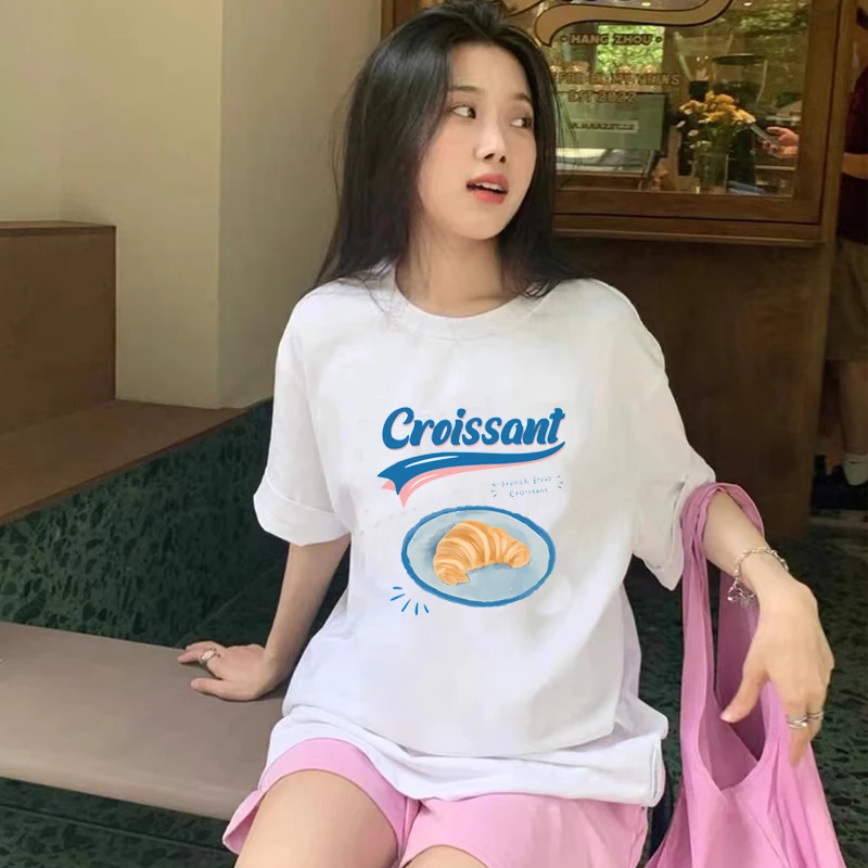 Korean Female T-Shirts Croissant Print Tops Short Sleeve O-Neck Women Cotton Y2k Tee Oversized Tshirt Female streetwear Clothing