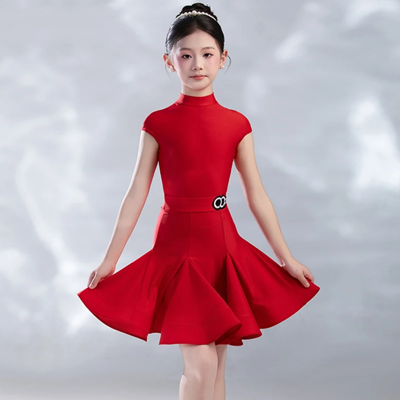 

Multi-Color Latin Dance Competition Dress Girls Professional Dancing Performance Outfit Short Sleeve Leotard Skirt Set Red 2024