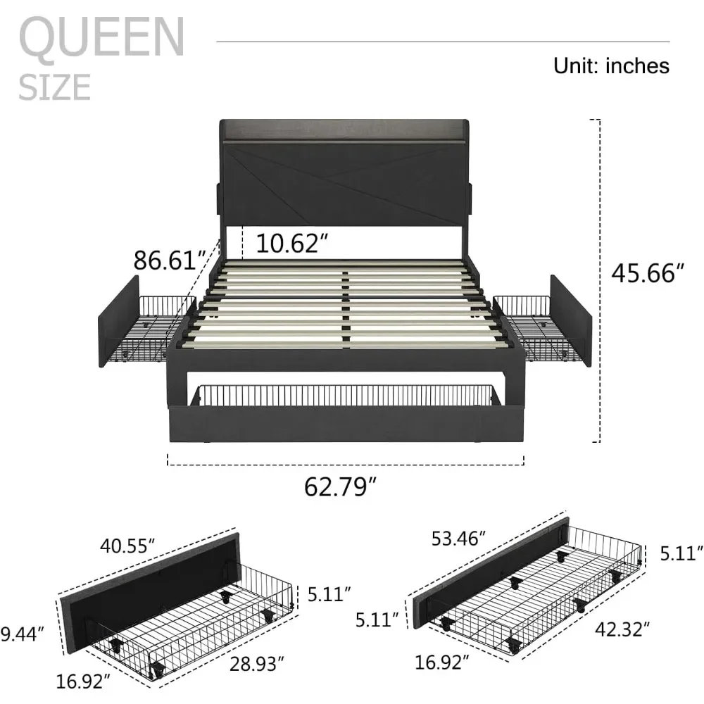 Queen Bed Frame with 3 Drawers & Storage Headboard，Charge Station，Wooden Support Slats No Box Spring Needed，Bed Frame