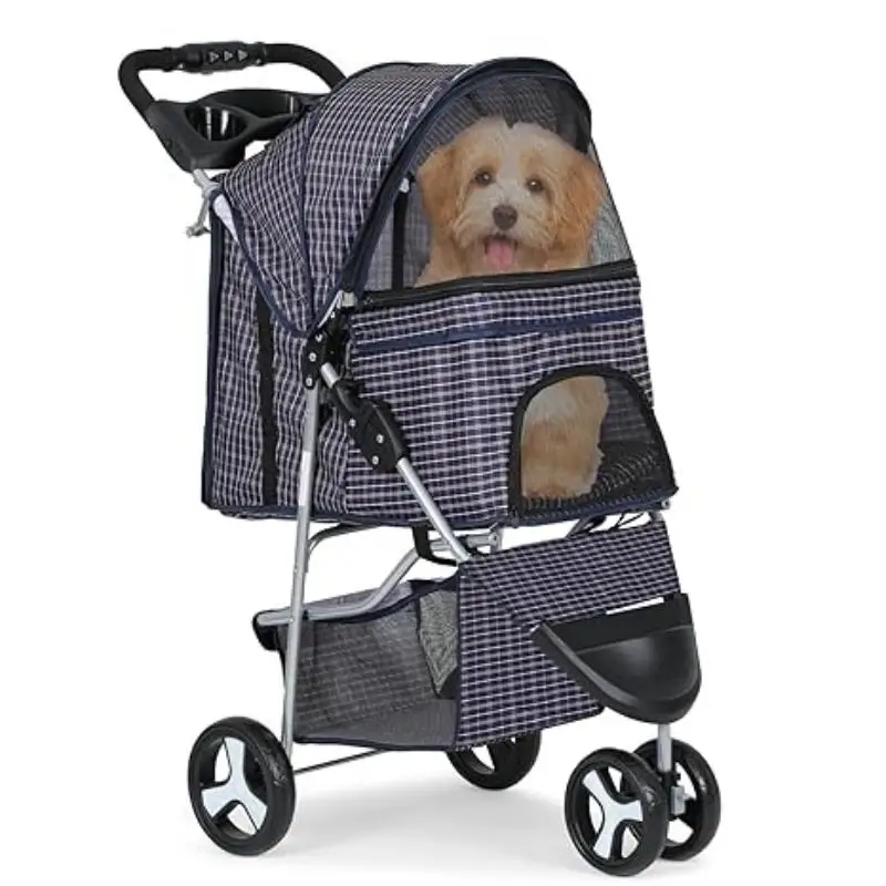 

MoNiBloom 3 Wheels Pet Dog Cat Stroller for Small Medium Dogs Cats, Lightweight Foldable Jogger Stroller w/Storage Basket and Cu