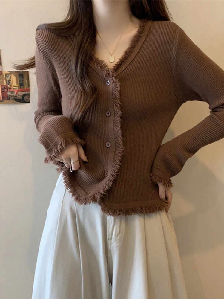 

Ce Au Lait Oversized V-Ne Knitwear Women's Winter Faionable Long Sve Casual Soft Flowing Tassel Trim Top