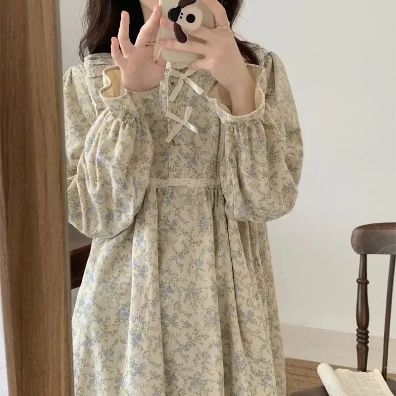 

Floral Print Sleepwear Womens Nightgown Korean Vintage Ruffles Night Dress One Piece Pajamas Spring Long Sleeve Bow Home Wear