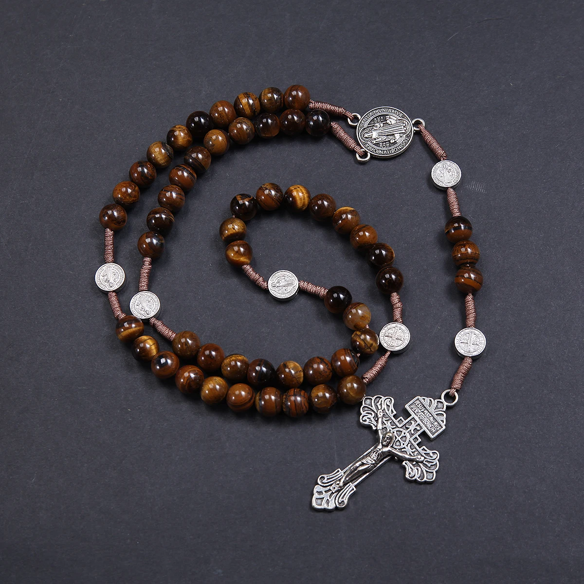 8mm Natural Yellow Tiger Eye Stone round Beads Saint Benedict Handwoven Cross Pendant Necklace for Men And Women Jewelry Gift