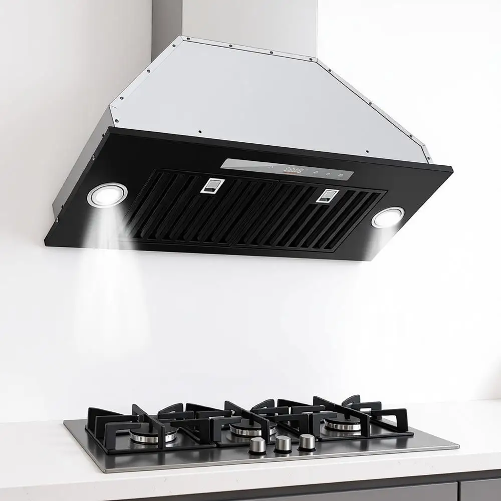

Встраиваемая кухонная вытяжка 30 дюймов (800 см), стальная, с управлением жестами и сенсорным экраном, LED-подсветкой, фильтрами, 4 скоростями, для воздуховодов/без воздуховодов