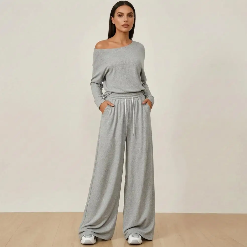 Spring Autumn Women Outfits Sweatshirt Pants 2-Piece Set, Off Shoulder Long Sleeve Top & Wide Leg Trousers Matching Lounge Set