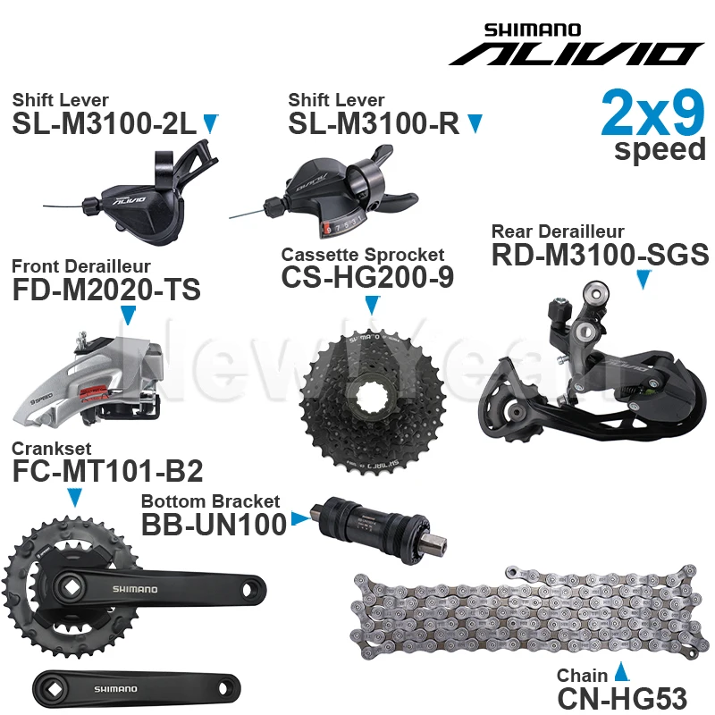 SHIMANO ALIVIO M3100 2x9 speed Groupset with Shifter REAR and M2020 Front DERAILLEUR HG200 HG201 Cassette Sprocket COG Chains