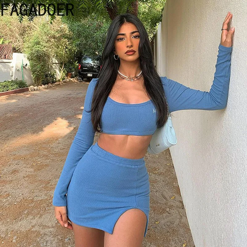 FAGADOER Fashion Y2K Street Style Women Ribber Long Sleeve Crop Top + Mini Slit Skirts Two Piece Sets Casual Solid 2pcs Outfits