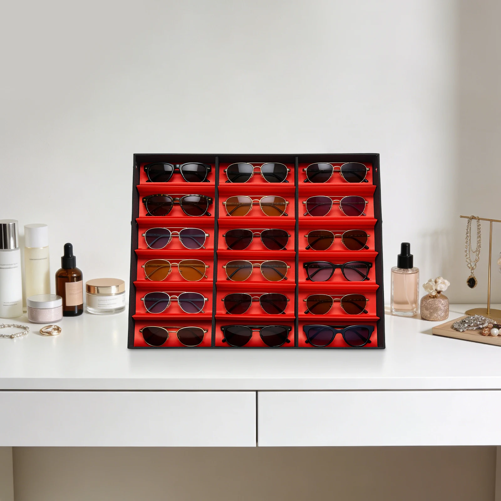 

18-Slot Sunglasses Organizer, Silk Lined Glasses Storage Box, Flip Lid Display Case For Desktop Store Watch Sunglasses Storage