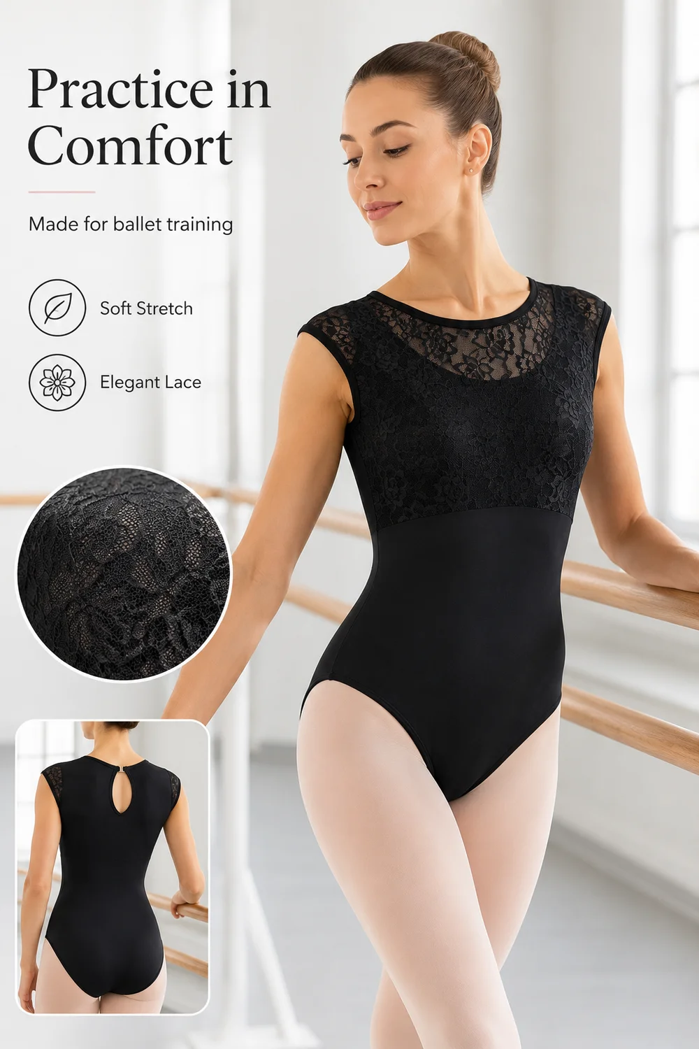 Women Ballet Leotard Adult Black Lace Sleeveless Dance Bodysuit Keyhole Back Gymnastics Practice Training Dancewear