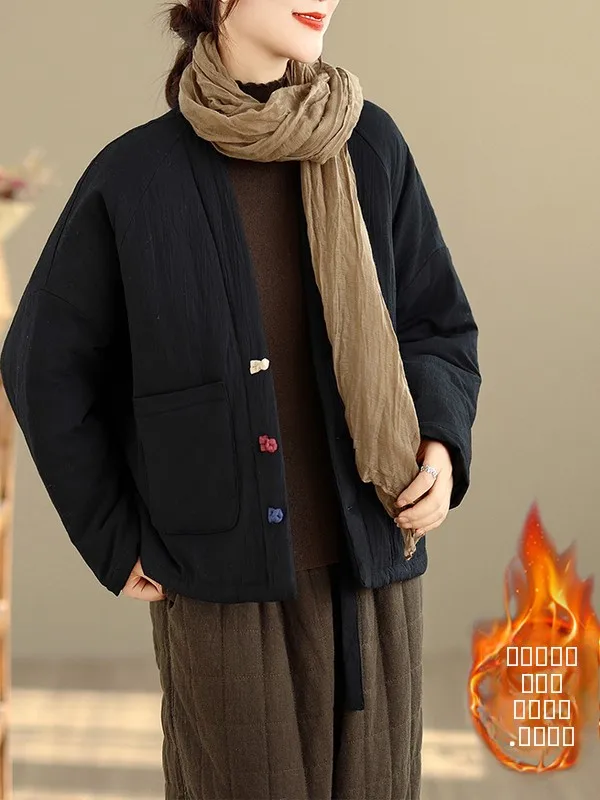 

Retro Artistic Cotton Linen Button Winter New Zen Study Clip Cotton Warm ort Coat Straight Tube Long Sve V-ne Color