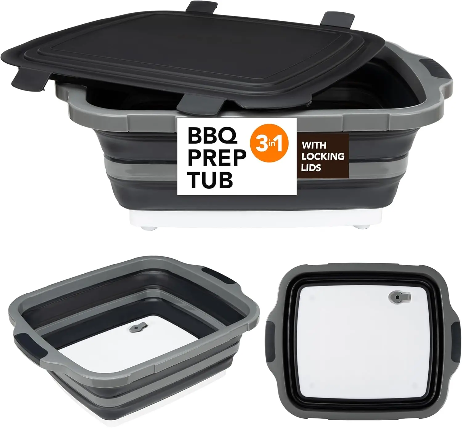 

Large Collapsible BBQ Prep Tub with Locking Lid, 16L Basket for Marinating, Camping Sink with Colander, Dish Basin & Cutting