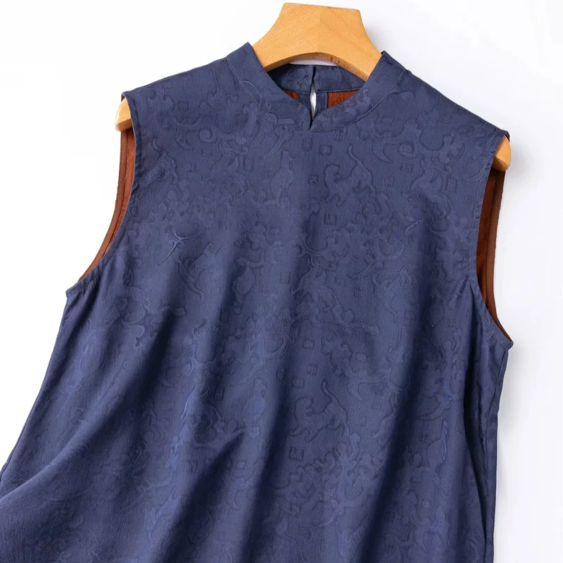 Birdtree, 100% Silk Jacquard Blouse, Stand Collar Sleeveless Top, Women Floral Luo Xiangyunsha Shirt, 2026 Autumn New T67715JF
