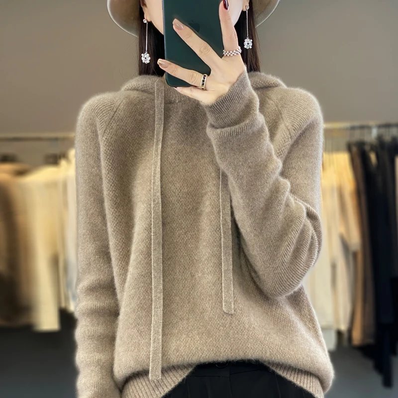 Autumn Winter Thick Hooded Cashmere Sweater 100% Merino Wool Women\'s Knitted Hoodie Fashion Honeycomb Long Sleeve Hoodie Tops