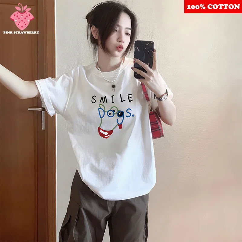 

Smiling Dog Print T-shirt Women's Summer 2025 New 100% Cotton Short sleeve Round neck T-shirt Y2k Tops kawaii Female clothing