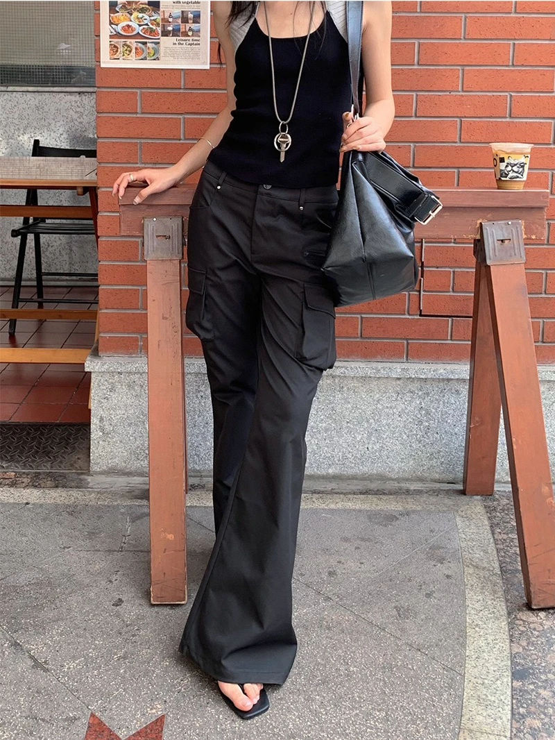 American Retro Cargo Workwear Pants Flared Hem Pants Women Y2k Multi Pocket Pants Wide Leg Casual Denim Trousers Streetwear 2025