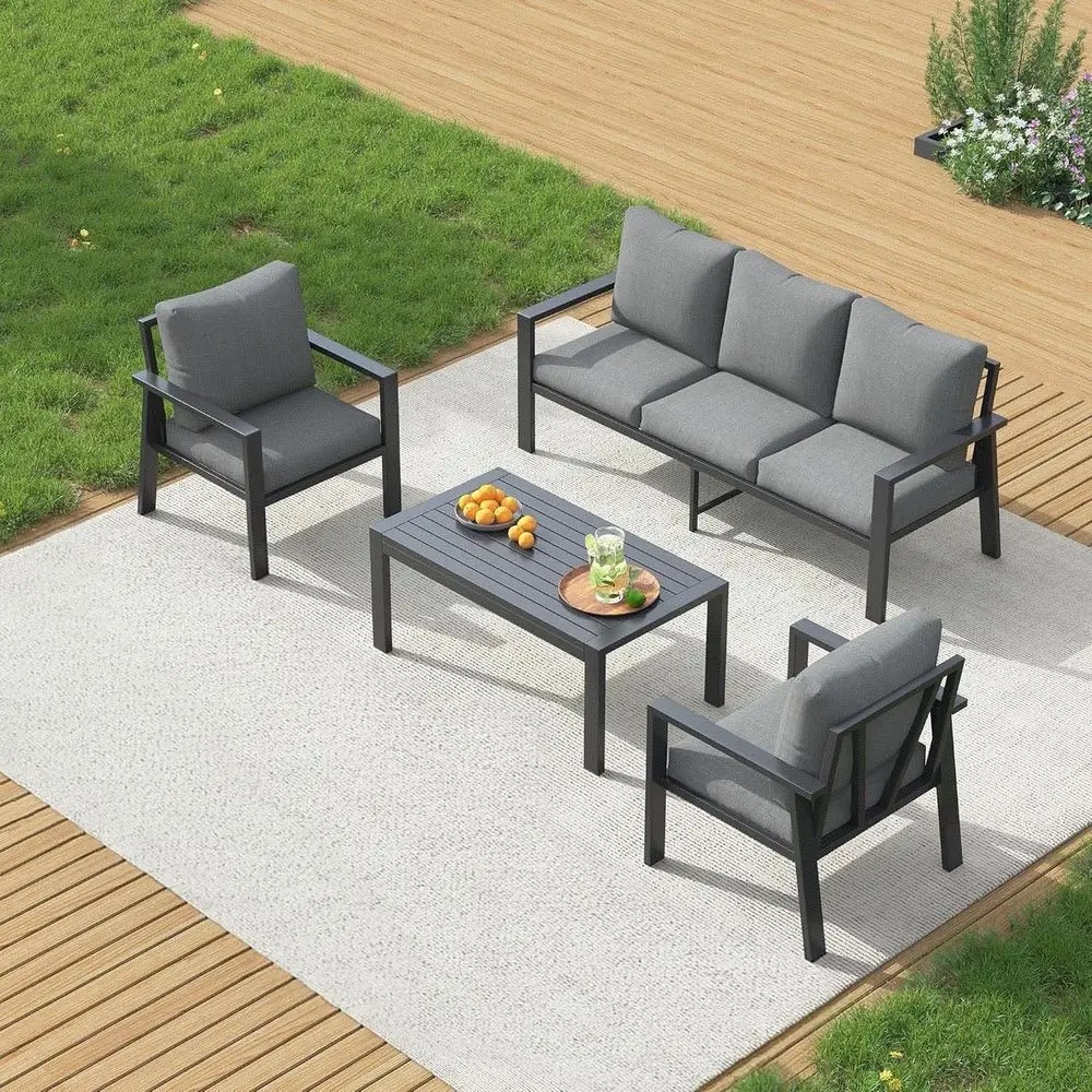 

Aluminum Patio Furniture Set, 4 Pieces Sectional Metal Conversation Sofa Modern Seating Set with Coffee Table for Outdoor Garde
