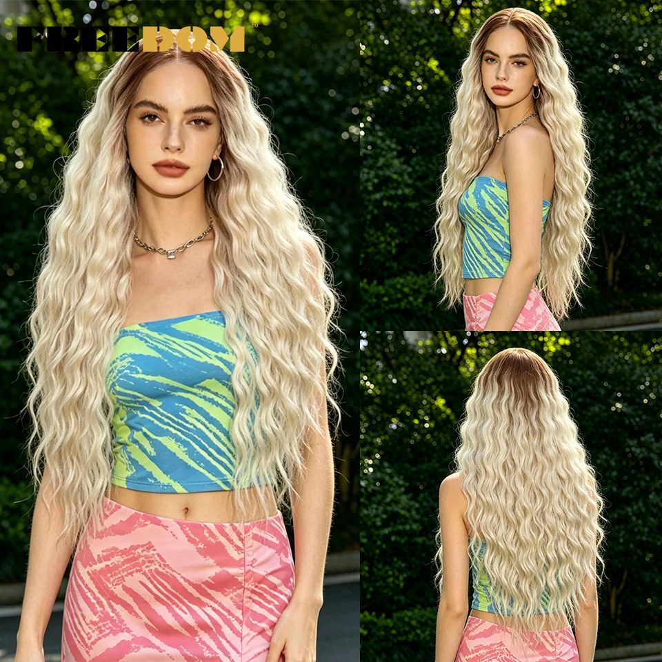 

FREEDOM Synthetic Lace Front Wigs For Women 13x4 Curly Hair Pre Plucked Glueless Wig 30" Ombre Brown Blonde Daily Use Lace Wig