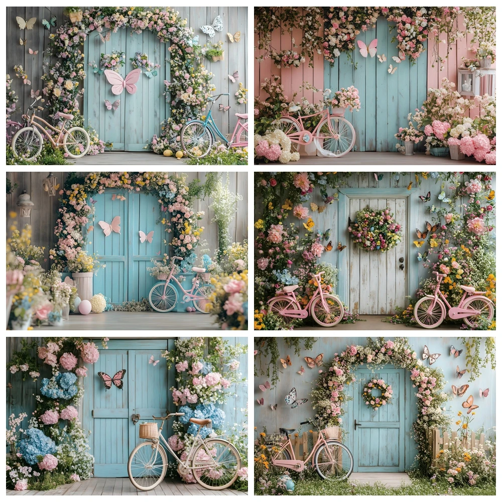 استحمام الطفل التصوير خلفية دراجة الربيع أزهار الكرز فراشة الزفاف حفلة عيد ميلاد ديكور خلفية كابينة تصوير