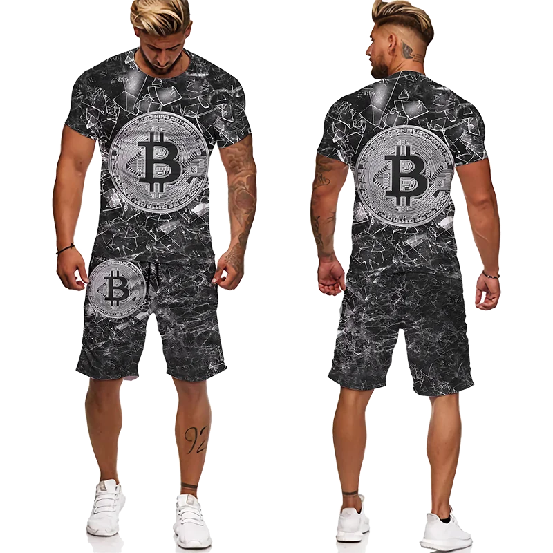 

3D Print Summer Bitcoin Men's Suit Breathable Short Sleeve + Shorts Sportswear Set Oversized Tracksuits Men Clothes Streetwear