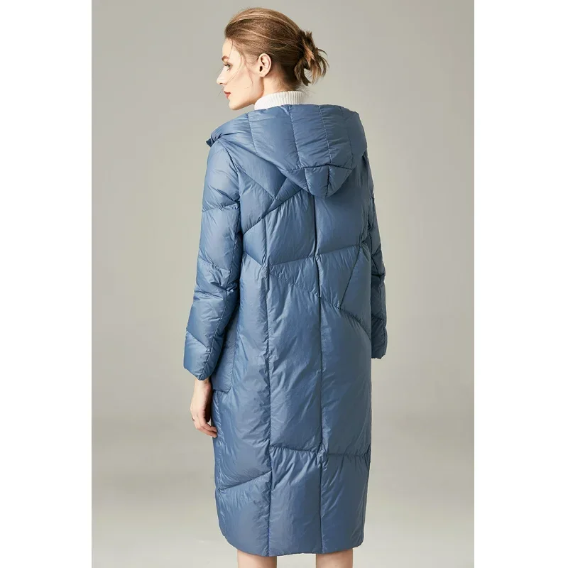 Women Mid-length Puffer Jacket Hoodies Winter Hooded Thickened Coats Fashionable White Duck Down Loose Cocoon-shaped Blue Parkas