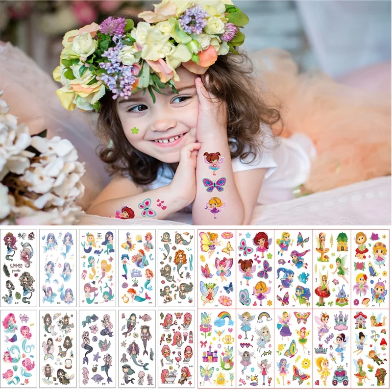 어린이 문신 방수 만화 일회용 인어 공주 나비 문신 스티커, 손 얼굴 다리 목 가슴, 20 개/세트