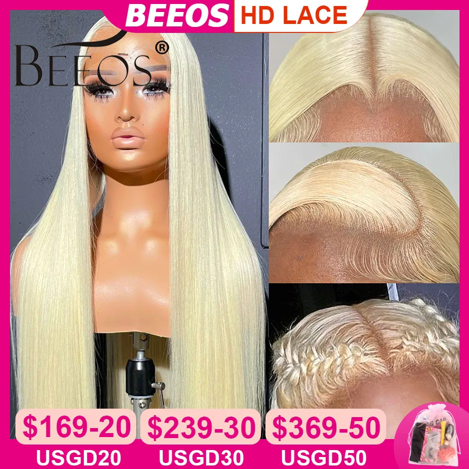 

BEEOS 250% 34inch 613 Blonde 13x6 HD Full Lace Frontal Human hair Wigs Straight Glueless 5x5 HD Lace Closure Wigs PrePlucked