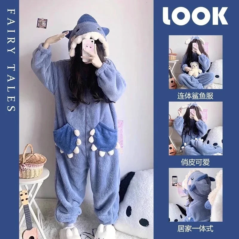 Cartoon Cute Shark Women\'s Pajamas Flannel Hooded Sleepwear Pijama Jumpsuit Female Set Cute Pyjamas Halloween Party Loungewear