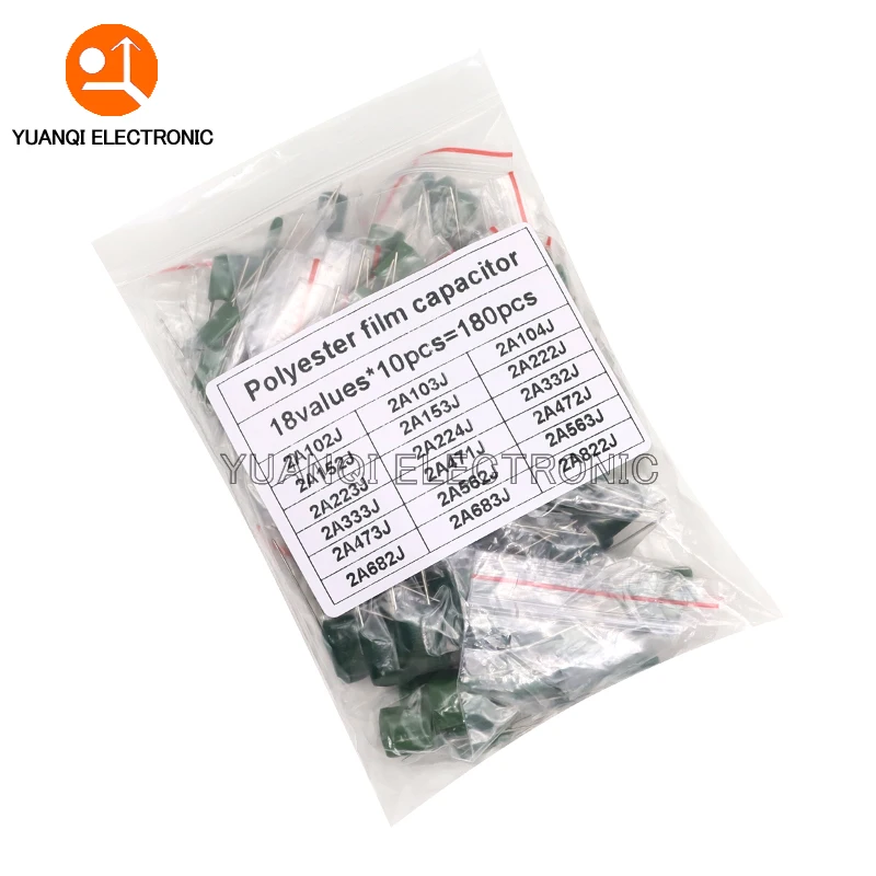 180pcs=18value*10pcs Polyester film capacitor Assorted Kit contains 2A104J 2A332J 2A472J 2A103J 2A333J 2A473J 2A563J 2A223J