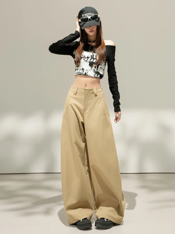 카키 레트로 나이프 워크 팬츠 하이웨이스트 루즈 캐주얼 여성용 바지 봄 가을 와이드 레그 팬츠 힙 커버