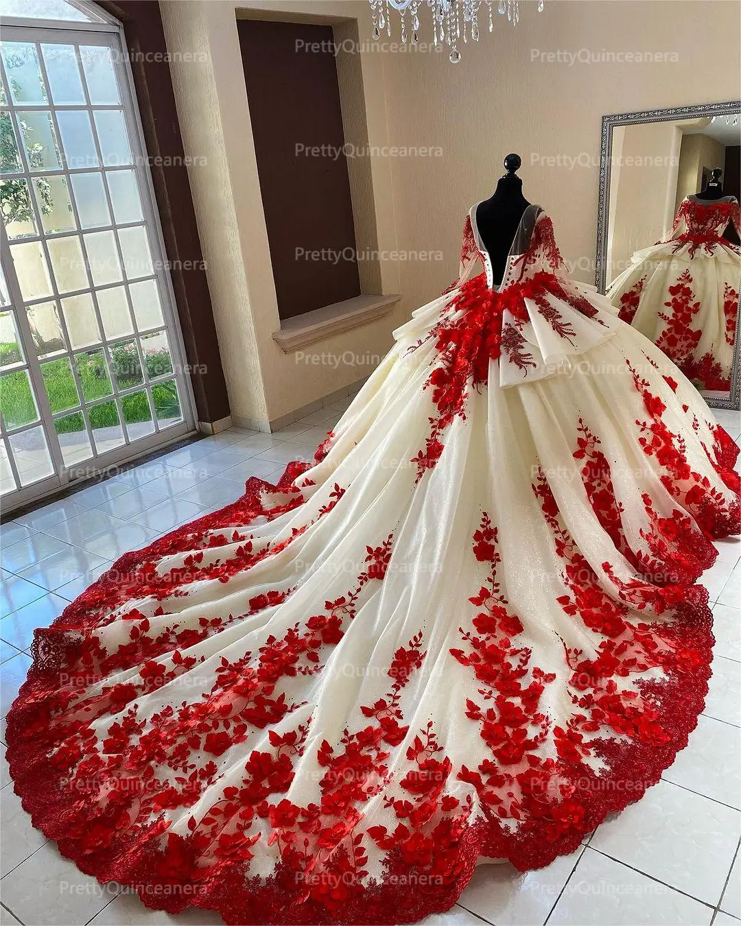 Pretty Long Sleeves Tiered 3D Flowers Scoop Quinceanera Dress Champagne and Red Big Train Ball Gown for Sweet 16 Birthday Party