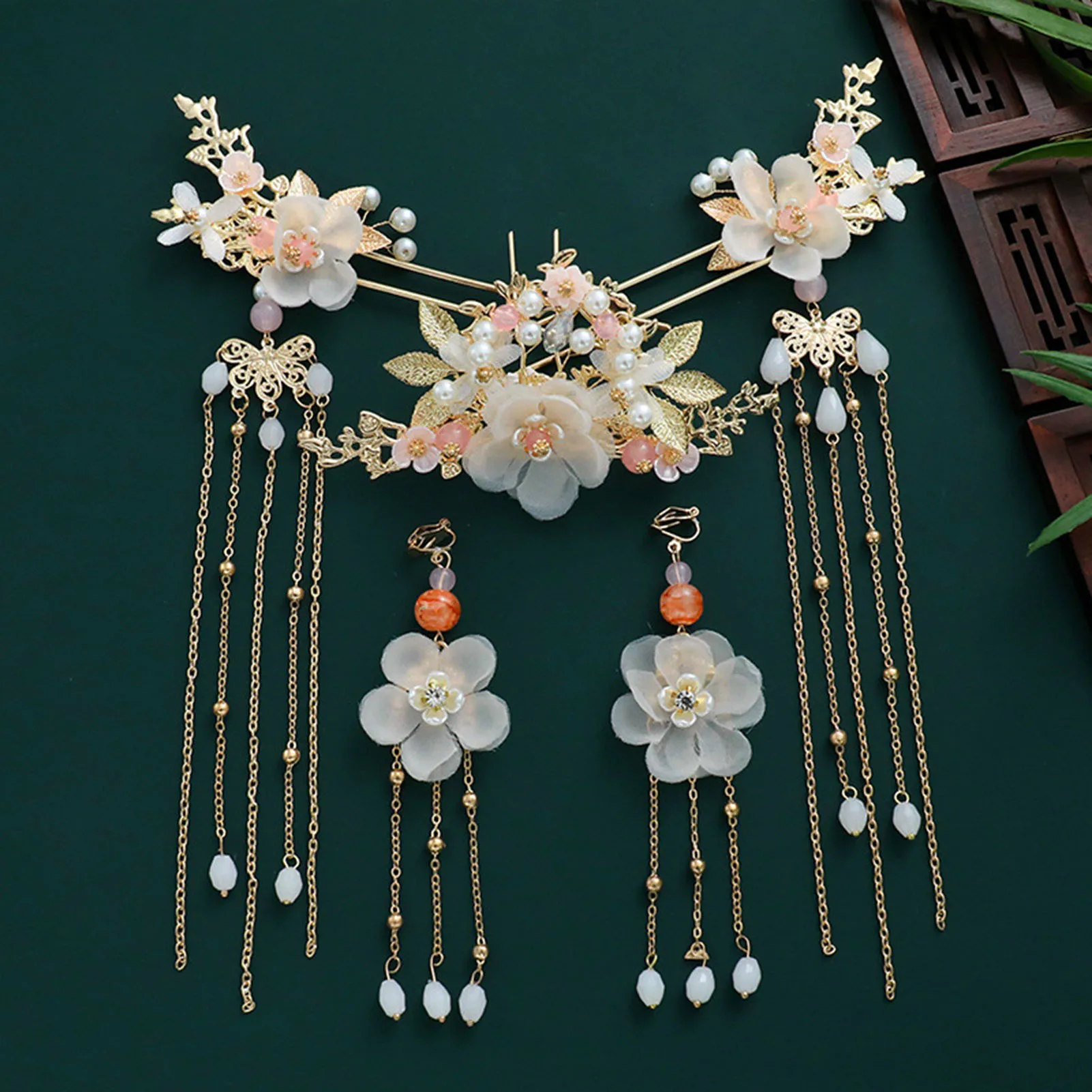 Chinese Hair Accessories Set Ancient Hanfu Hair Sticks Tassel Flower Hairpin Set Wedding Hair Jewelry Retro Cosplay Headpiece