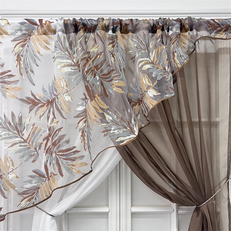 Grey Leaves Crossed Sheer Curtain Top Rod Pocket Suspension Kitchen Tulle Short Curtain Door Window Living Room Partition Drapes