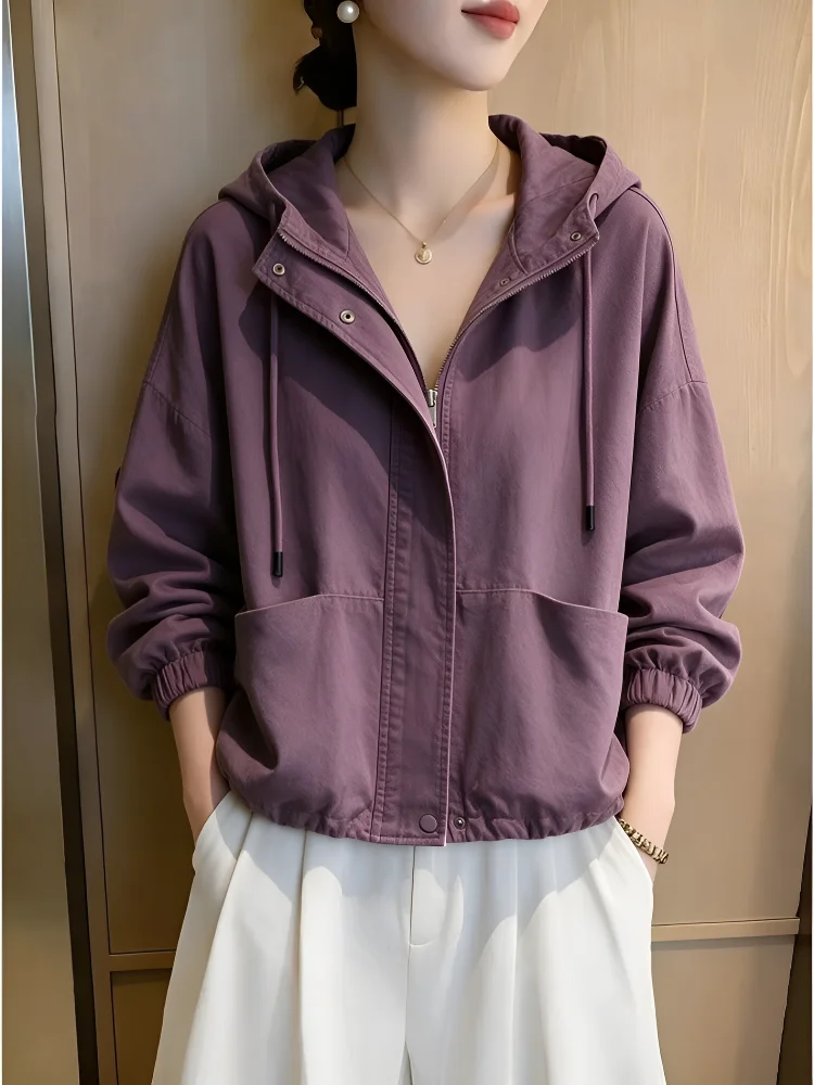 Retro Washed Loose Women's Jacket with Hood Spring New Arrival Cotton Zipper Decorated Commute Style Warm Short Outerwear