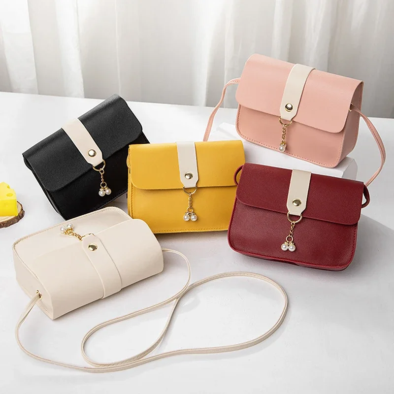 

Contrast Women Shoulder Bag Simple Pearl Pendant Luxury Designer Handbag Messenger Bag Small Square Crossbody Mobile Phone Purse