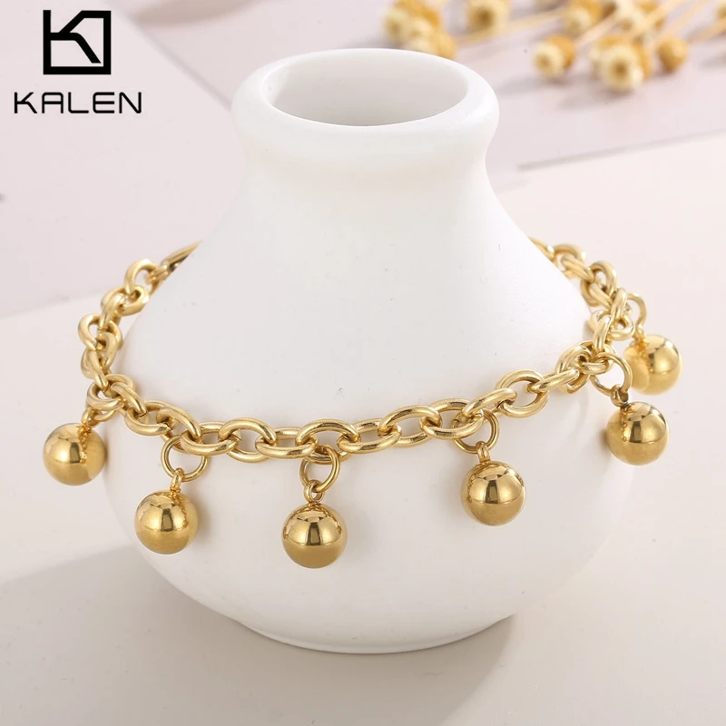 Personality Stainless Steel Simple Chain Round Bead Pendant Charm Bracelet For Women Girl Charm Gifts Fashion Party Jewelry