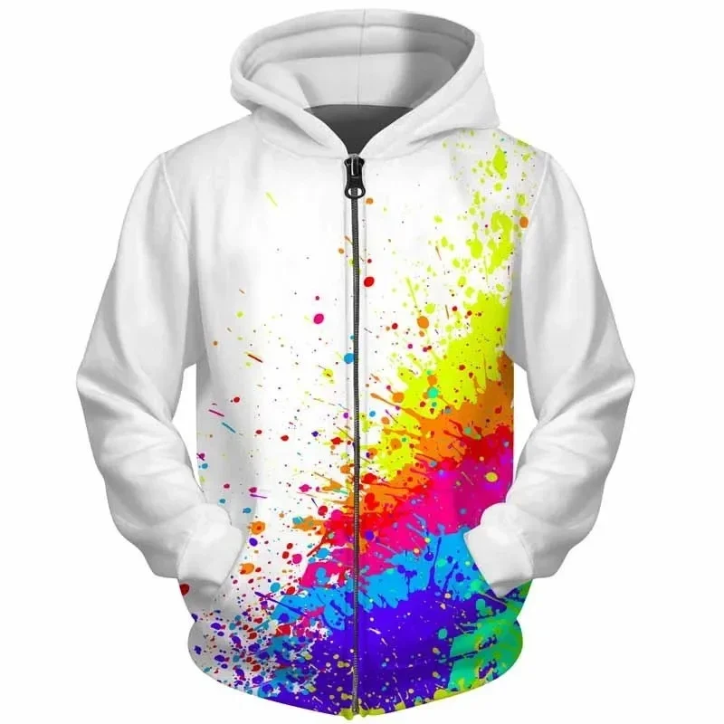 Unisex ZipUp Hoodie 3D Printed Colorful Paint Splatter Sweatshirt, Long Sleeve Kangaroo Pocket, Abstract Art Graffiti Streetwear