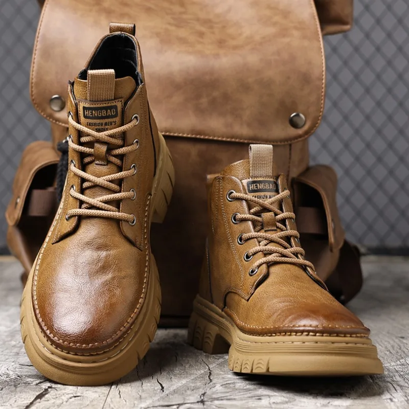 Otoño Invierno botines de cuero de vaca para hombres nuevo diseñador plataforma zapatos de algodón hombre moda Casual botas de trabajo de suela blanda hombre